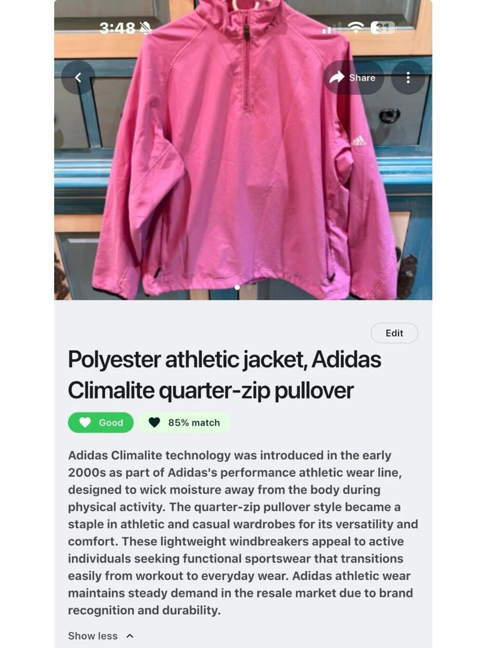 Adidas Climalite Pink Quarter-Zip Pullover Jacket L